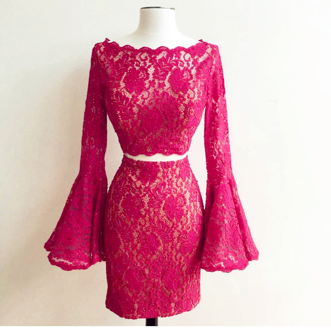 Two Piece Prom Dresses, Elegant Prom Dresses, Short Prom Dresses, Lace ...